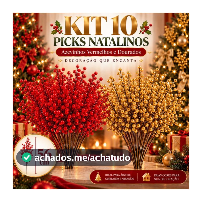 Kit 10 Pick Natalino Azevinho Artificial 56cm Galho Berry Cereja Enfeite Decoração Árvore de Natal Arranjos Guirlanda