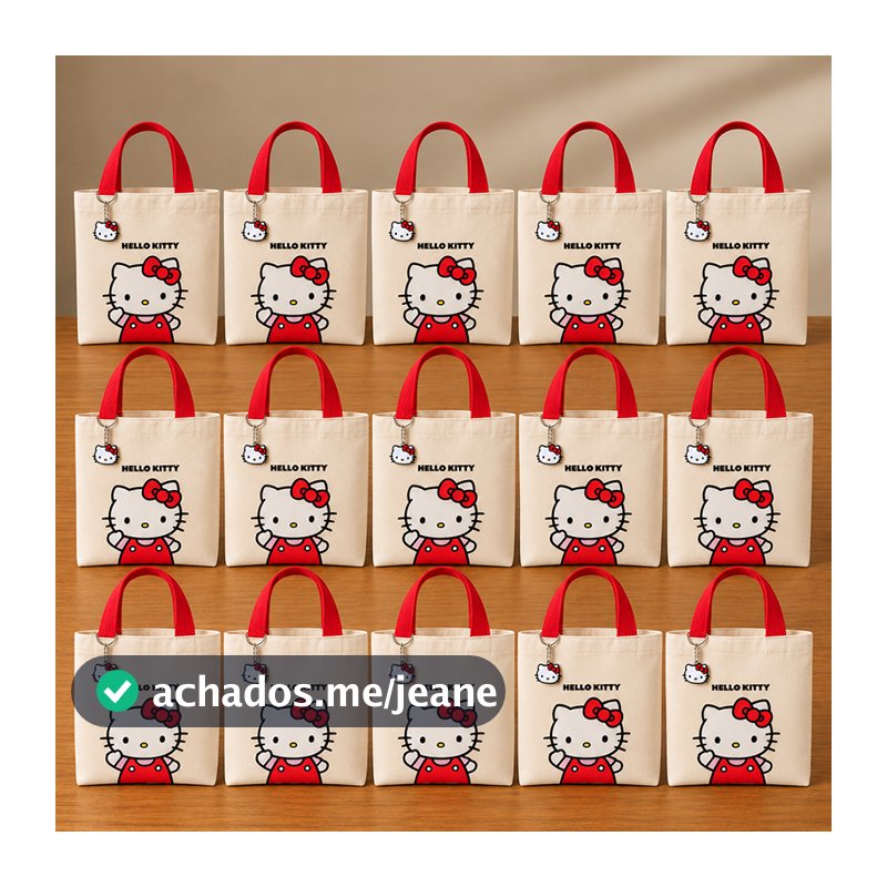 Kit 15 Bolsinhas Lembrancinha 15x20 Ecobag Hello Kitty Alça Vermelha Com Chaveiro Aniversário Festa Lançamento