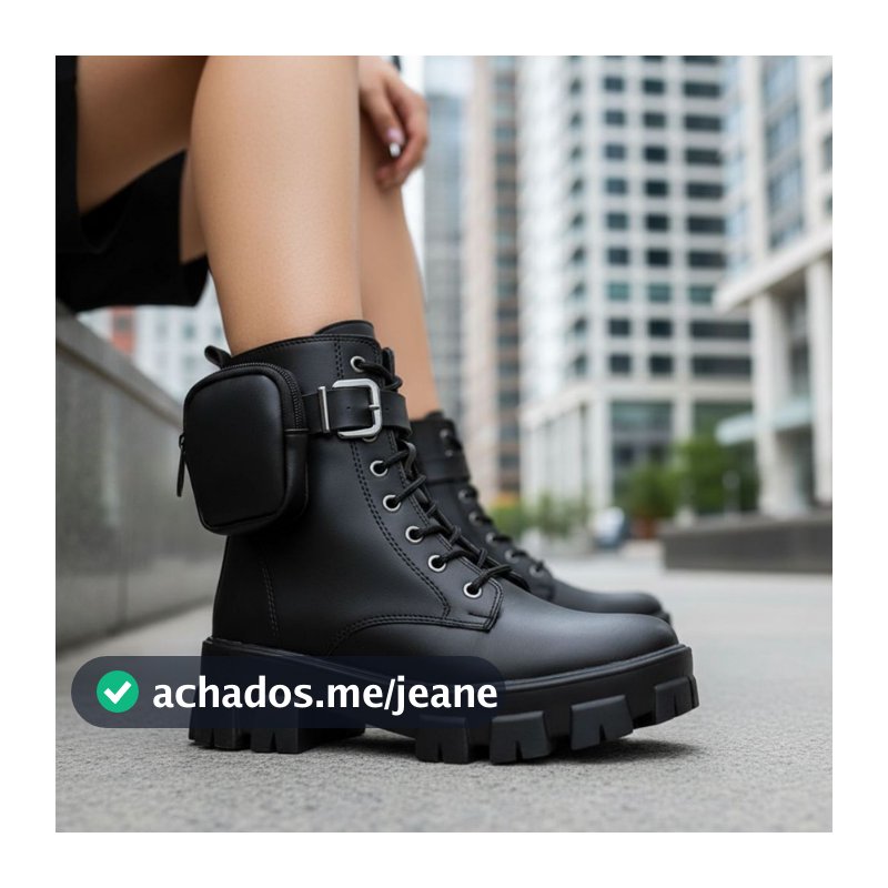 Bota Coturno Feminina Tratorada com Plataforma Estilo Militar Confortável Moderna Bolsinha Removível