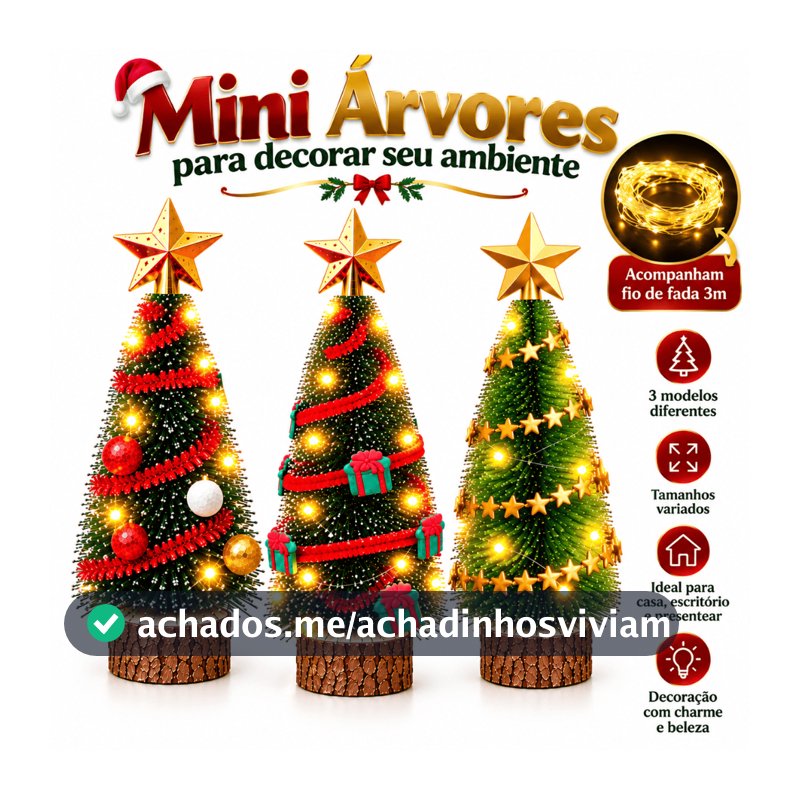 Kit de Mini Árvores de Natal Decorada com Estrelas Bolinhas ou Presentes + Fio fada a Pilha Decoração Natalina
