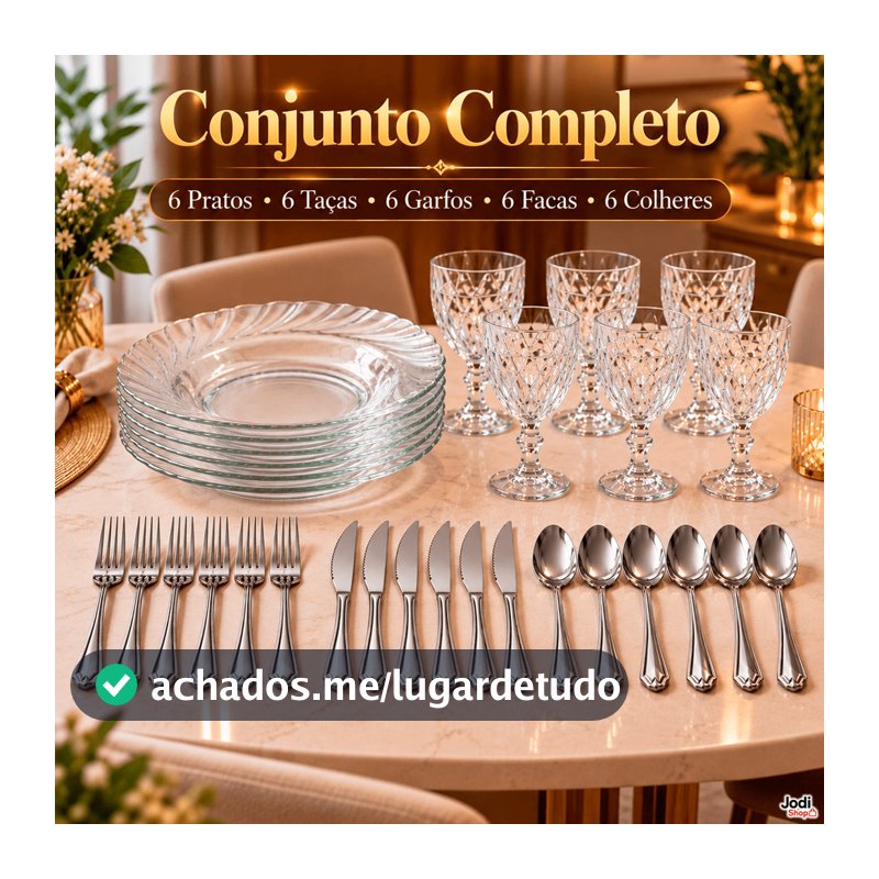 Jogo de Jantar 30 Peças com 6 Pratos, 6 Taças e 18 Talheres para Mesa Posta