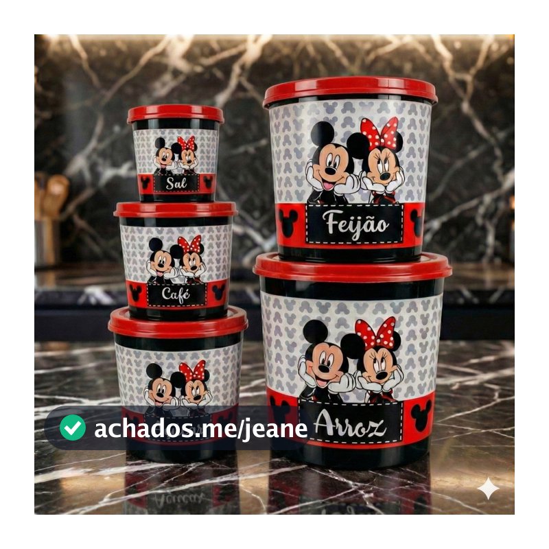 Kit 5 Potes Mantimentos Arroz Feijão Café Açúcar Sal Mickey e Minnie