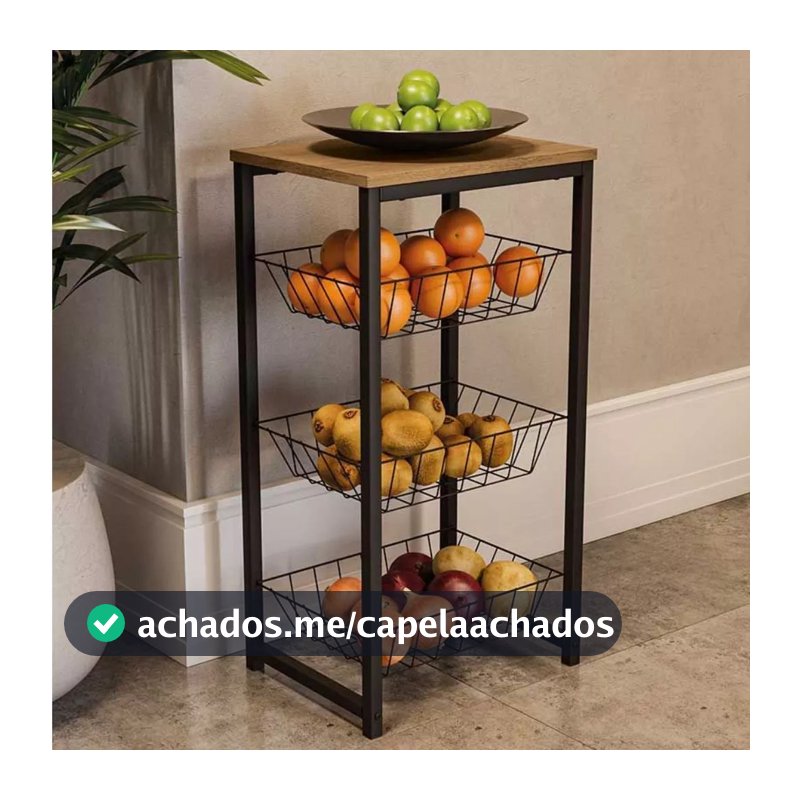 Fruteira De Chão Para Cozinha Preto Fosco Em Aço Carbono Tampo MDF Amadeirado