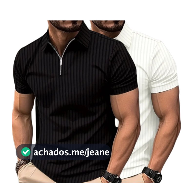 Kit 2 Camisetas Polo ziper Masculina Manga Curta Malha Canelada