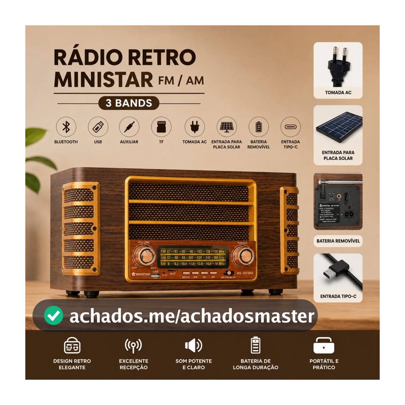 RADIO MINISTAR RETRO ESTILO VINTAGE AM / FM / SW 3 BANDAS / COM BLUETOOTH