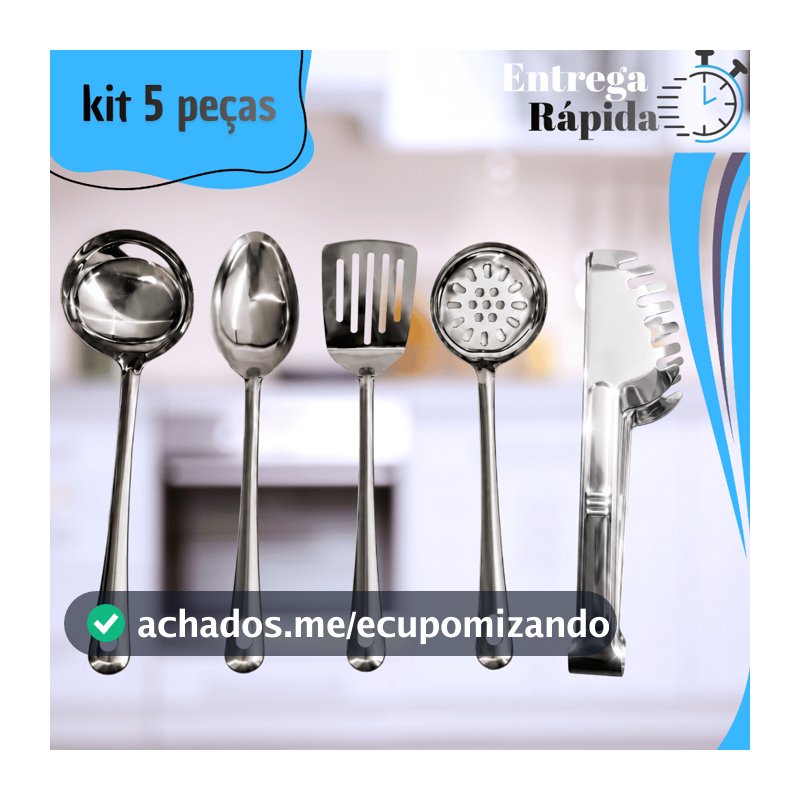 Kit 5 Utensílios Cozinha  Inox  Colher de Arroz Concha Escumadeira Espátula Vazada Pegador de Massa Jogo Completo Buffet