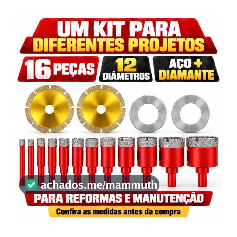 Serra Copo Diamantada Kit 16 Peças 6-32mm para Porcelanato Cerâmica Mármore Granito