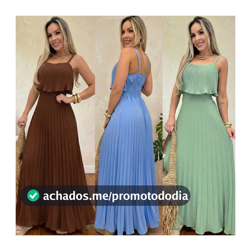 Vestido Longo Plissado Feminino Chic Elegante com Bojo e Alça Regulavel Casual Moda Para Festa Casamento Verde Azul Rosa