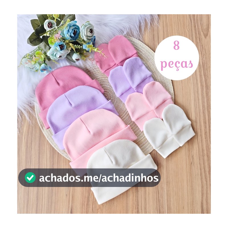 Kit 4 Touca e 4 Luva Para Bebê Recém Nascido 100% Algodão Antialérgico Maternidade
