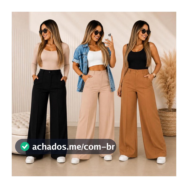 Calça Pantalona Feminina Duna Com Forro, Botao, Elastico Cintura Alta