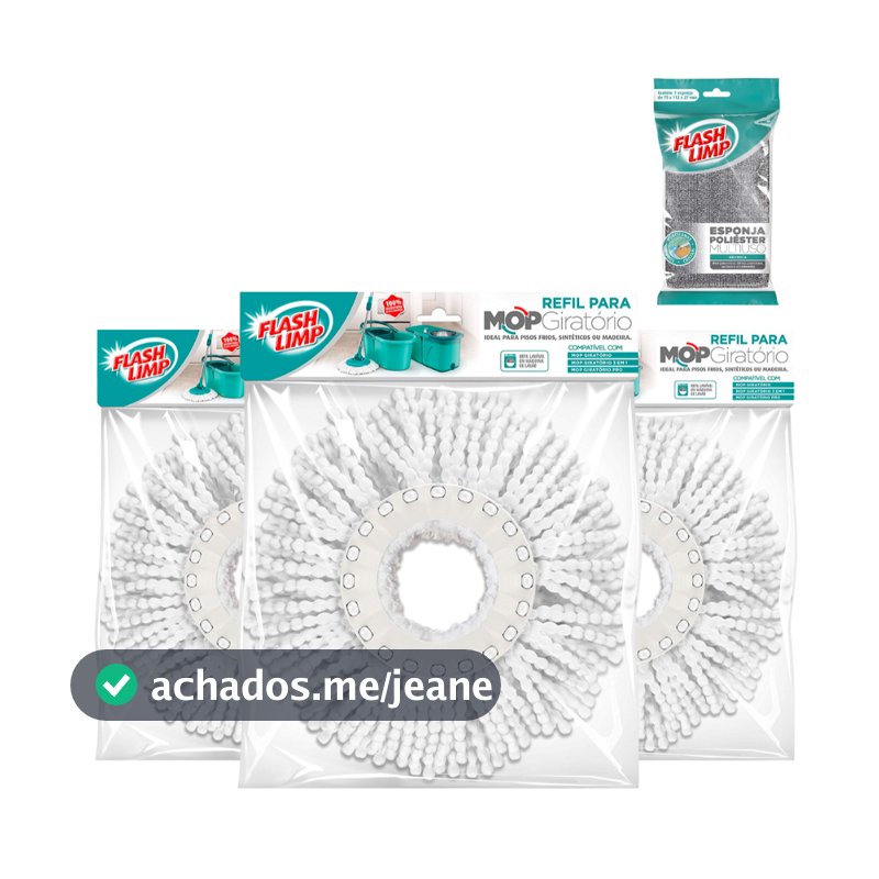 Kit 3 Refil Microfibra Para Mop Giratorio Limpeza Domestica + Esponja Poliester Multiuso Flash Limp