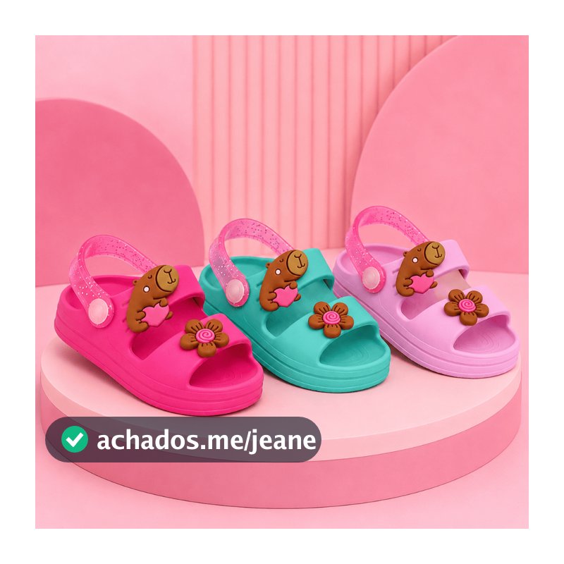 Sandália Papete Infantil Menina Capivara Flor Glitter Confortável Leve Antiderrapante Rosa