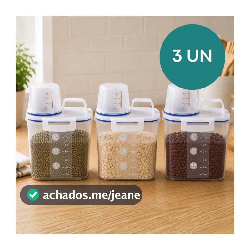Kit até 3 Pote Hermético 1,5kg Cozinha com Copo Medidor Dosador Porta Mantimentos Grãos Farinha Organizador Tampa Segura