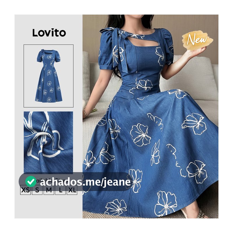 (New Arrival) Lovito Vestido Azul Feminino Floral Recortado Drapeado Longo evasê primavera/verão Trabalho DRB204P1D401