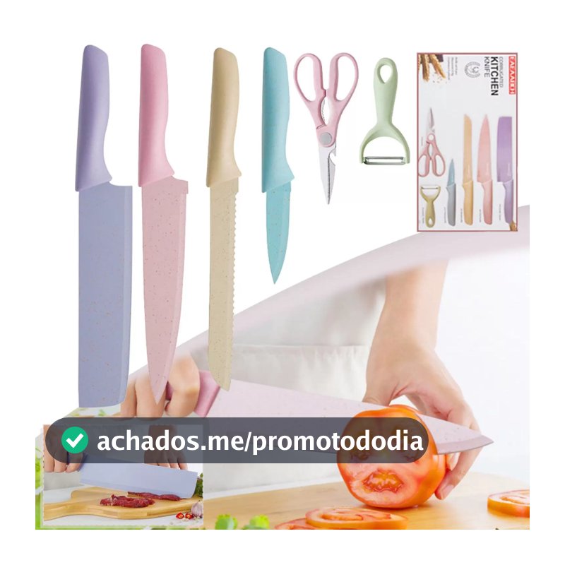 Jogo de Facas 6 Pecas Aco Inoxidavel Alta Resistencia Kit Faca Colorido Cores Pasteis Utilidades Domesticas Cozinha