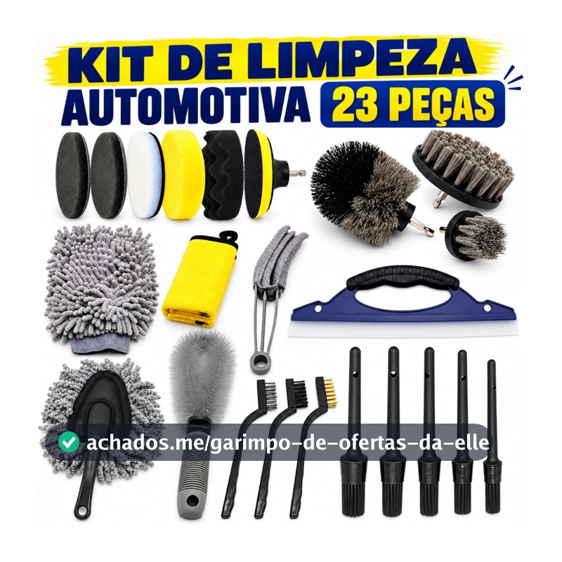 Kit 23 Peças Escova Detalhamento Automotivo - Saco Lavagem com Toalha e Pneu para Limpeza Completa