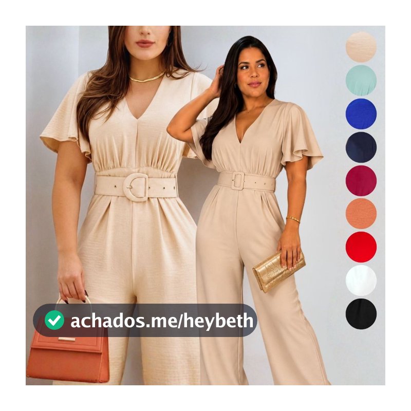 Macacão Pantalona Feminino Duna Gola V com Manga Curta e Cinto, Elastex e Amarração nas Costas, Elegante e Confortável
