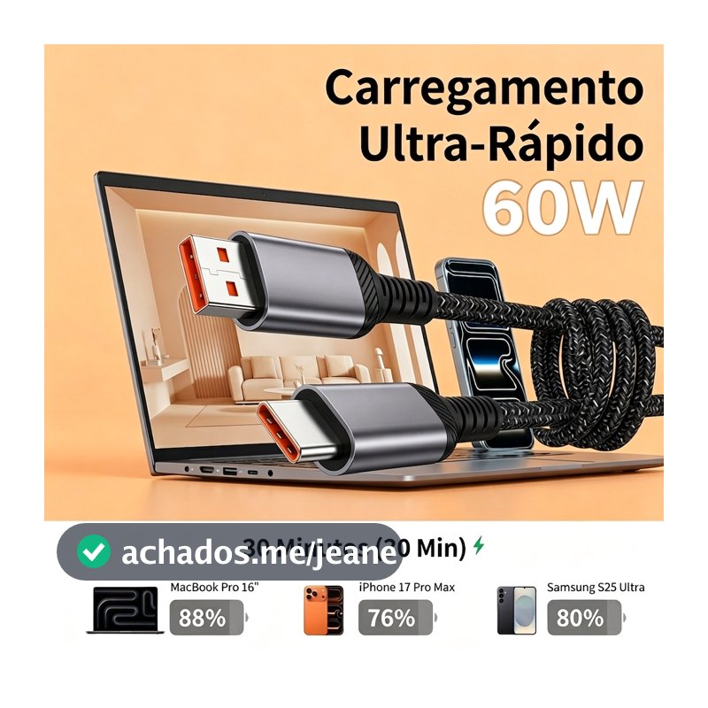 Cabo USB‑A para Tipo‑C 1 Metro Trançado Preto e Branco Carregamento Rápido e Transferência de Dados
