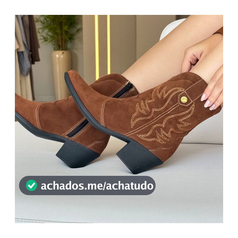 Bota Western Feminina Cano Médio Marrom Preto Salto Bloco Grosso Bordada Camurça Texana Moda Confortavel Tendencia