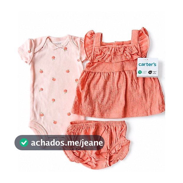 Conjunto Infantil Carter’s 3 Peças – Body Estampado + Vestido com Babados + Shortinho Rosa