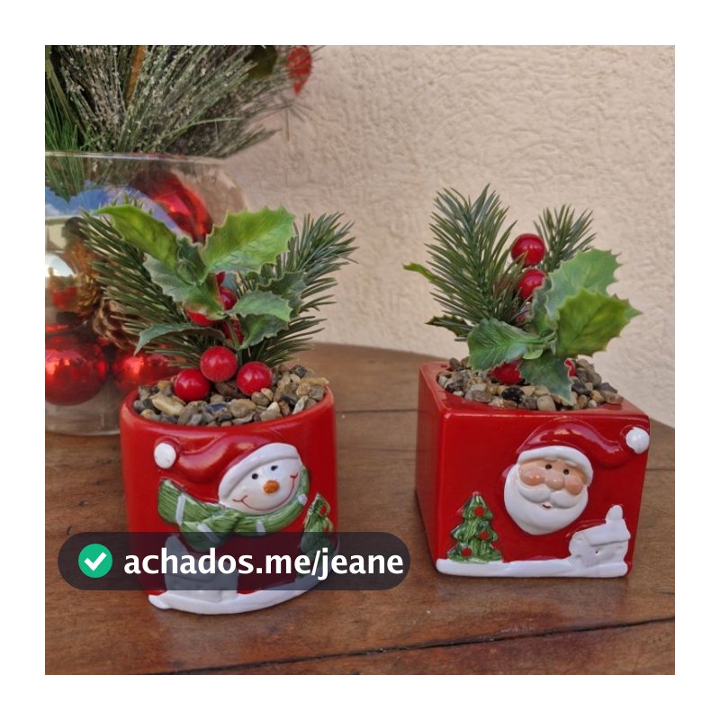 Enfeite de Natal Vaso de Papai Noel ou Boneco de Neve Cerâmica com Flores 8x7x12cm