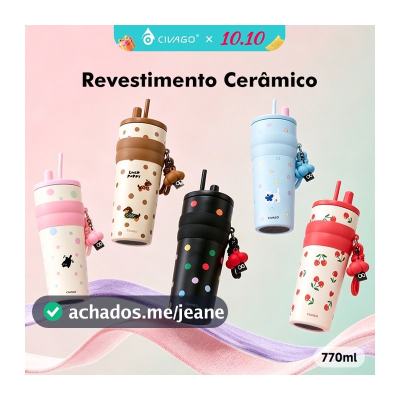 CIVAGO Fashion Garrafa Térmica Inox 770ml Revestimento Cerâmico com Canudo e Tampa Antivazamento Quente/Frio com Pingent