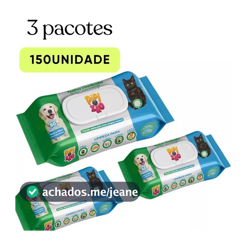 KIT 3 LENÇO UMEDECIDO PET CACHORRO GATO PIPIZÃO SEM FRAGRANCIA PREMIUM 150 UNI CÃES