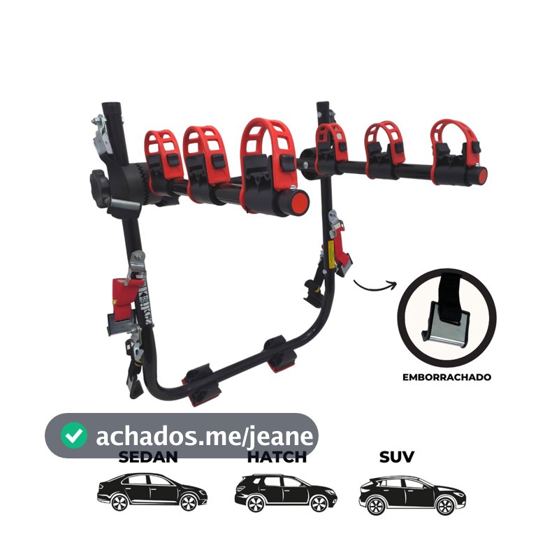 16 - Suporte para bike Transbike para 3 bicicletas POP Preto tira Vermelha Sedan Hatch MTB Speed