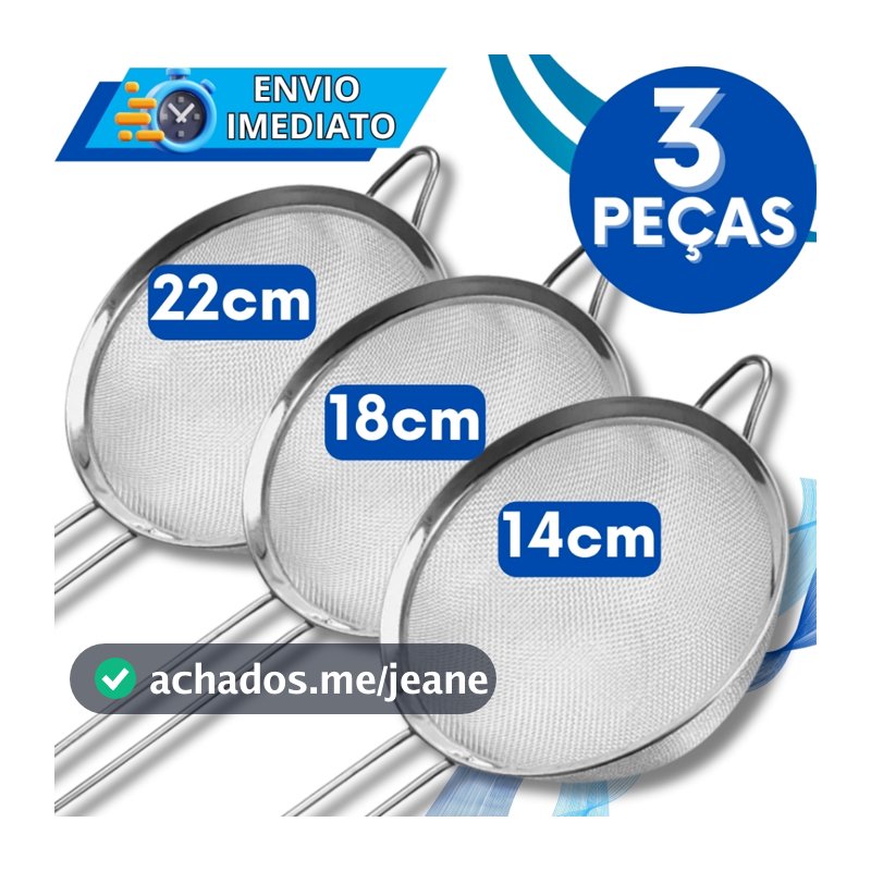 KIT 2/3 Unidades Peneira Coador de Aço Inox 22cm 18cm 14cm para Cozinha Casa Restaurante Doceria Oleo Farinha Tapioca