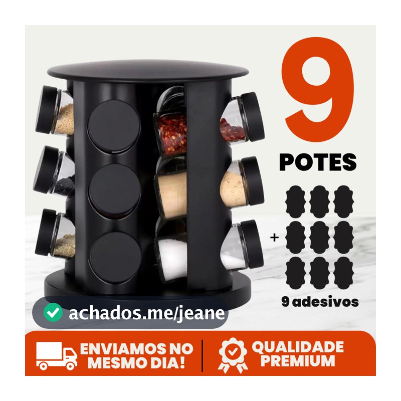 Porta Tempero Condimento Girátorio 9 Potes Cozinha Preto 360 Graus Organizador Dosador Profissional