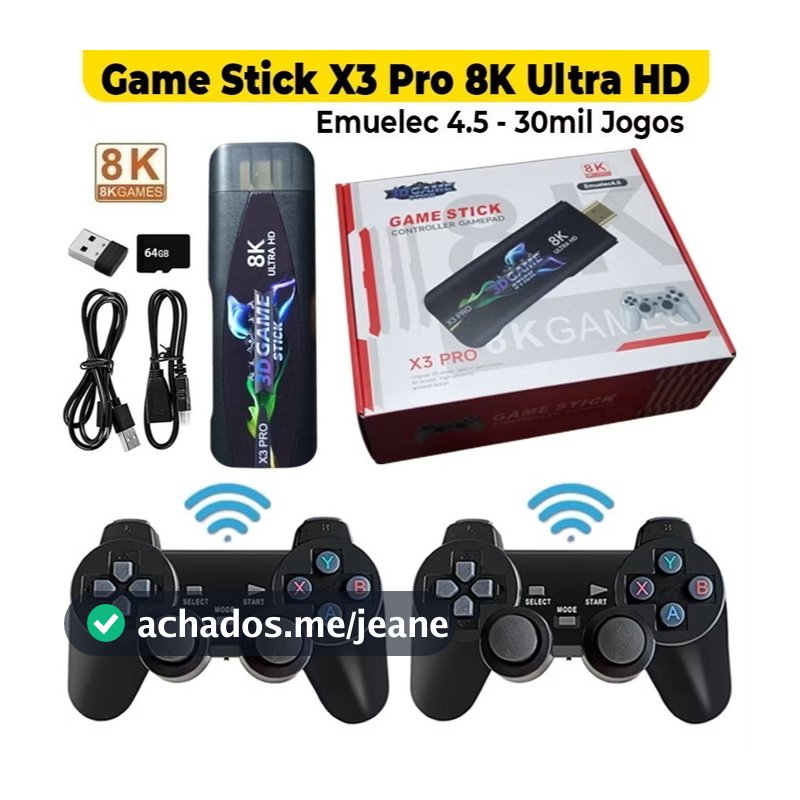 Console X3 Pro Ultra HD 8K 64GB EmuELEC 4.5 +30 Mil Jogos Retrô Clássicos 2 Controles Sem Fio HDMI Plug and Play