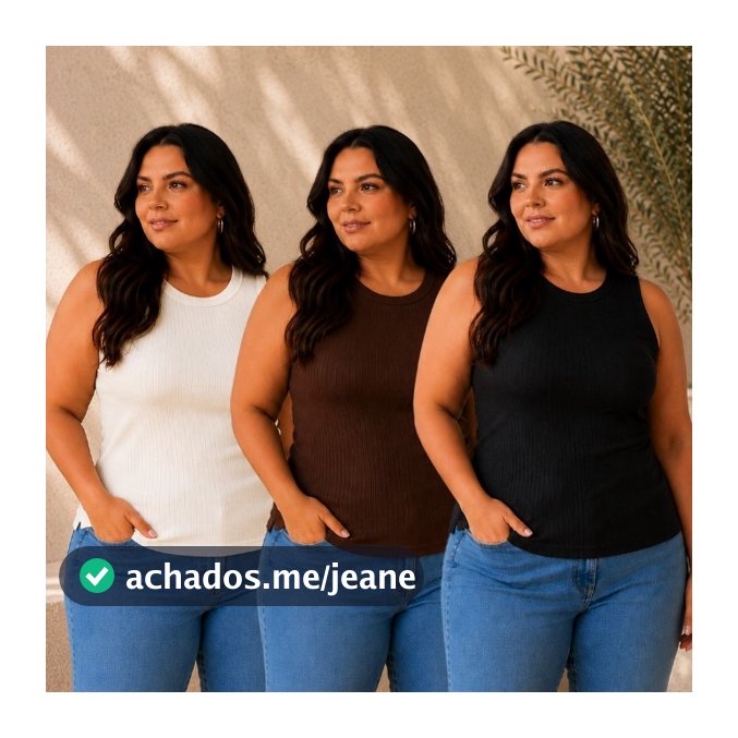 Kit 3 Blusas Regata Feminina Plus Size Canelada Alça Tampa Sutiã Blusinha Blogueira G1 G2 G3