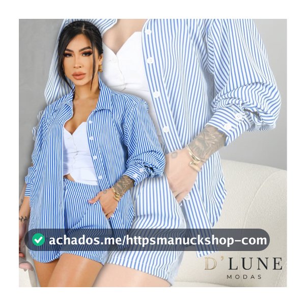 Conjunto Feminino Listrado Camisa com Short Curto Corte Alfaiataria Duna Lisa Botões Frontais