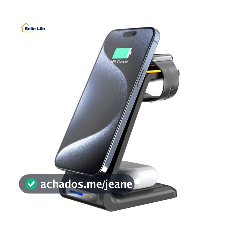 Carregador Sem Fio Magnético 3 em 1 15W Anatel Suporte Indução para Celular Smartwatch