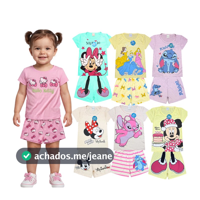 Conjunto Pijama Brilha no Escuro Personagens Menina Infantil Minnie Stitch Malha Levinha