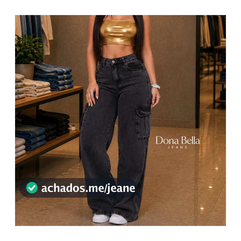Calça Wide Leg CARGO Jeans Feminina Black Marmorizada Cintura Alta Sem Lycra