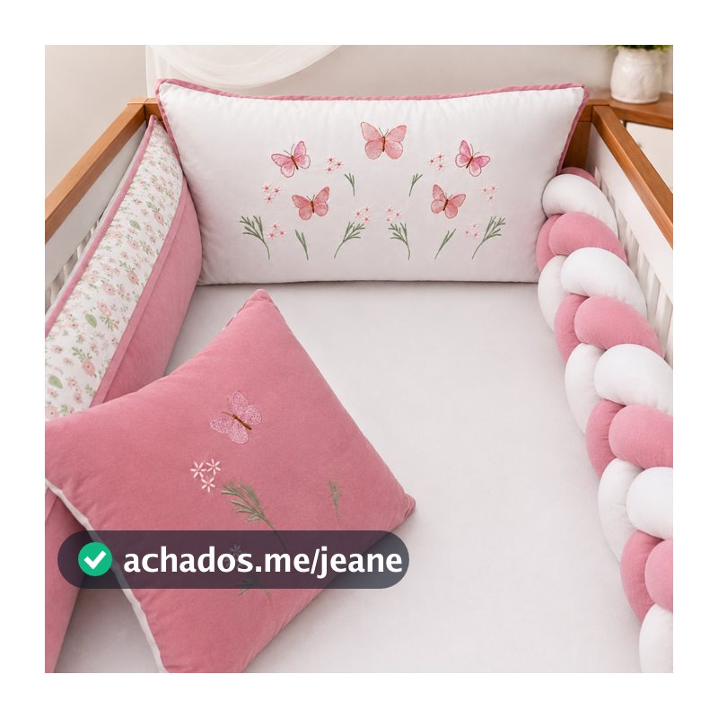Kit Berço Americano Menina Borboleta Rosê Completo 9 Peças 100% Algodão Luxo com Bordado Delicado