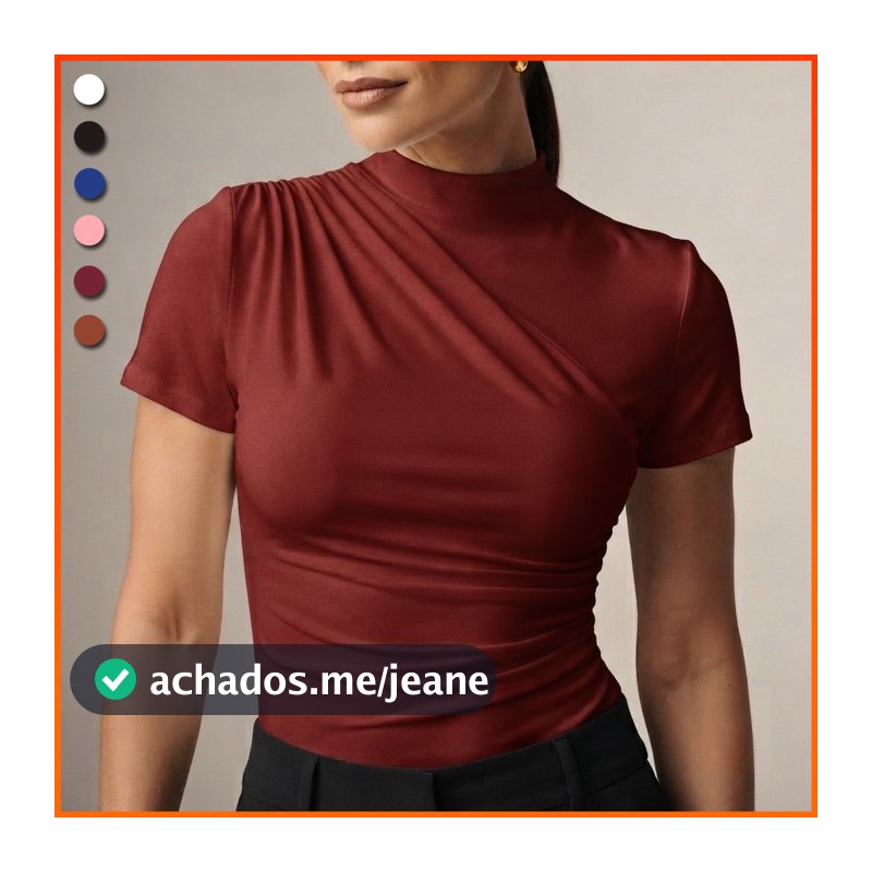 Blusa Feminina Manga Curta Gola Alta Drapeada Suplex Elegante Trabalho Casual Premium