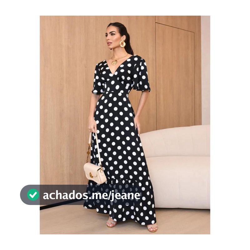 Vestido Feminino Longo Poá Bolinhas Manga Curta Decote V Tendência Blogueira