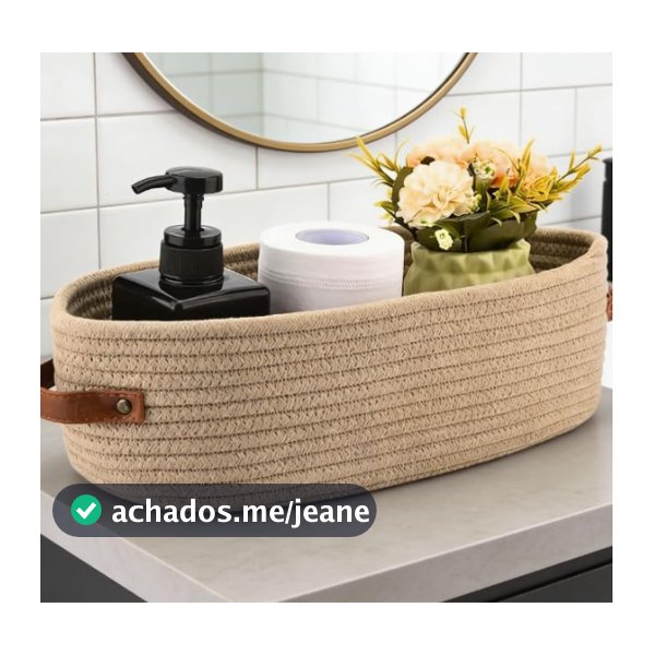 Cesto Organizador de Armazenamento Organização corda de Algodão Detalhe em Couro 33cmx10cm