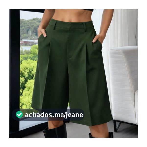 Bermuda Feminina Alfaiataria Cintura Alta Wide Leg com Bolsos Social Elegante Casual Premium ✨