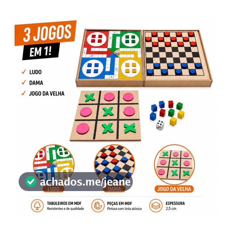 Jogos de Tabuleiro  3em1 Dama Jogo Velha Ludo