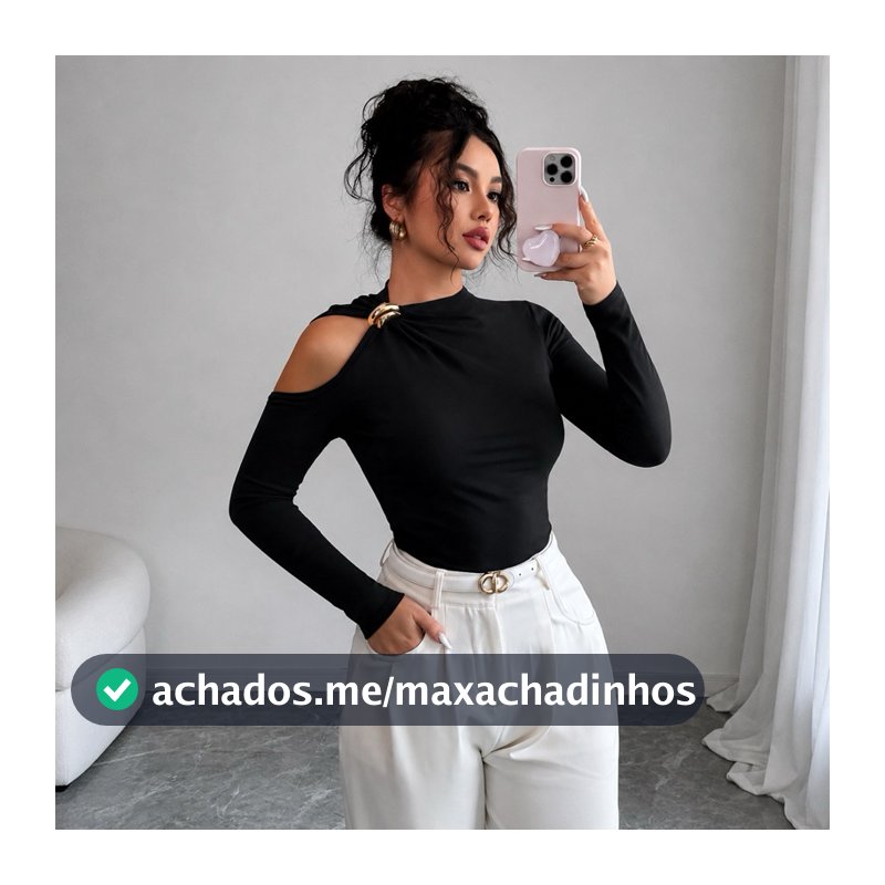 Blusa Feminina Ombro Vazado Manga Longa Com Fivela Dourada Blusa Feminina Elegante Inverno