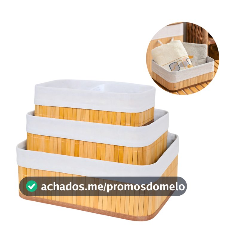 Kit 3 Cestos Organizador De Bambu Multiuso Com Forro