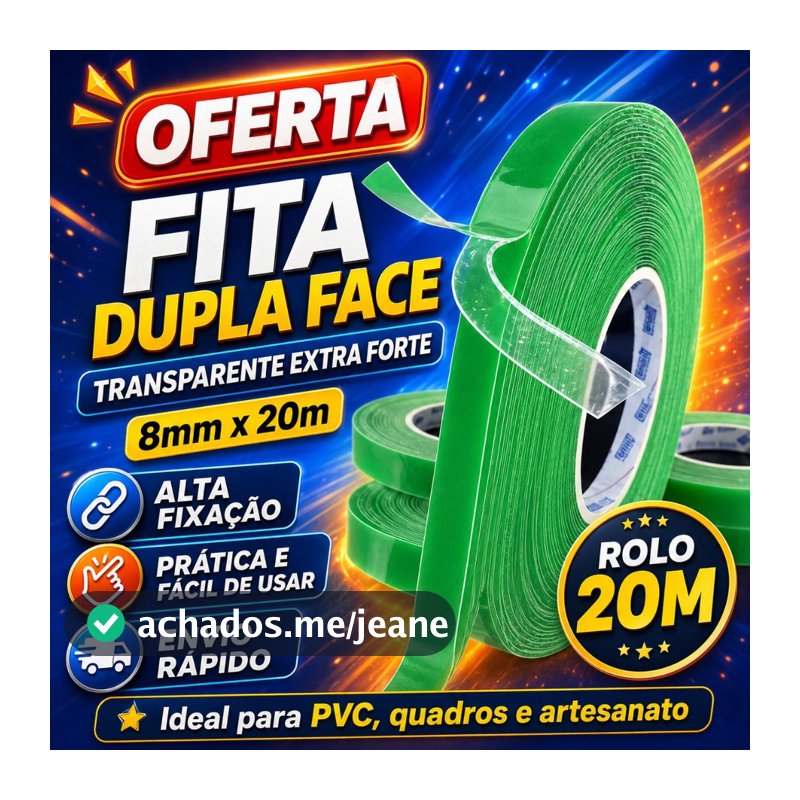 Fita Dupla Face Transparente Extra Forte 8mm x 20m Rolo Acrílica Para PVC Quadros Artesanato