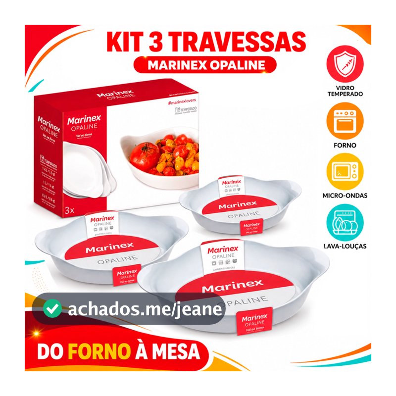 Conjunto Jogo de tigelas 3 peças Travessas Assadeira Oval Opaline Vidro Temperado kit tigela Branca