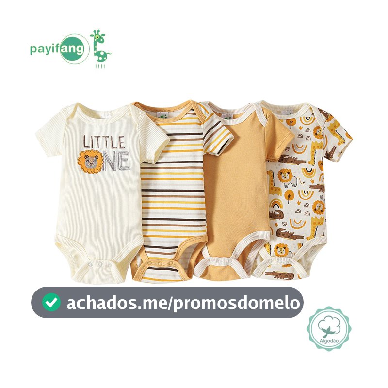 Kit 4 Body de Bebê Manga Curta 100% Algodão Estampado Leão Girafa Macio Confortável Uso Diário