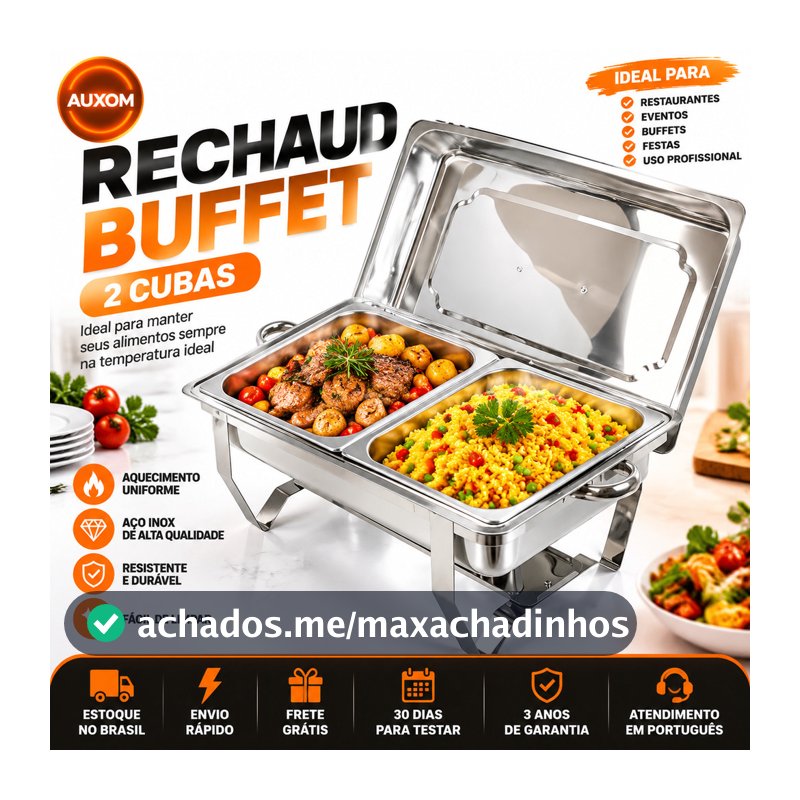 Rechaud Inox 11 Litros 1/3 Panelas Banho Maria 3 Cubas Buffet Profissional Para Festa e Eventos