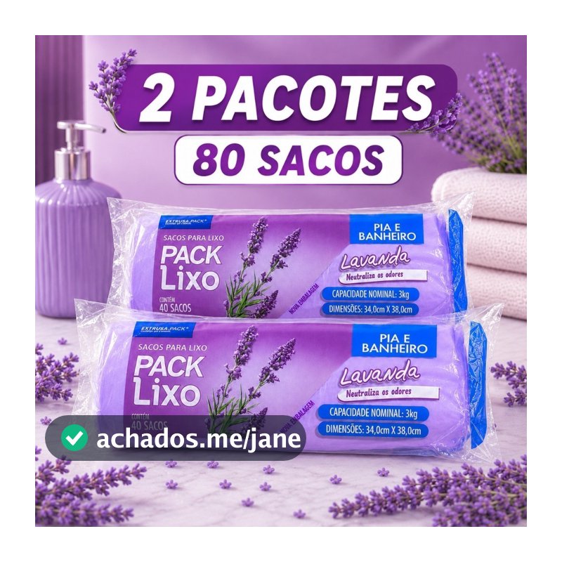 Kit 2 Packs Saco de Lixo Lavanda Pia e Banheiro 80 Sacos 34x38cm Neutraliza Odores Material Resistente