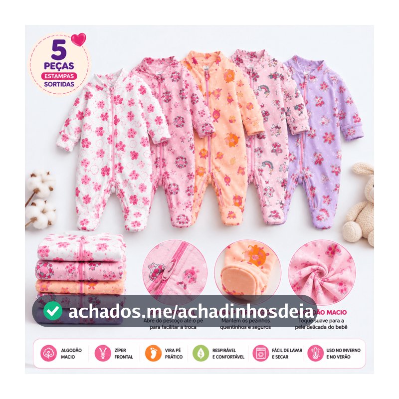 5 Macacões Bebê Estampado Vira Pé com Zíper Menina 100% Algodão